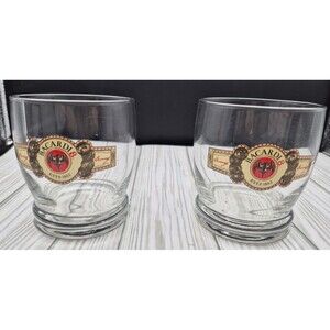 Set of 2 Bacardi 8 Rum Heavy Rocks Glasses Red Bat Logo Crest Whiskey Lowball